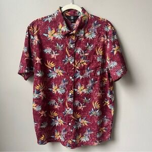 Volcom Hawaiian Shirt Men's Medium Tropical Floral Burgundy Cotton Surf Beach